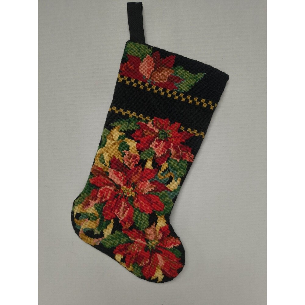 Finished Bucilla Tapestry Needlepoint Stocking Red Poinsettias Vintage 90s
